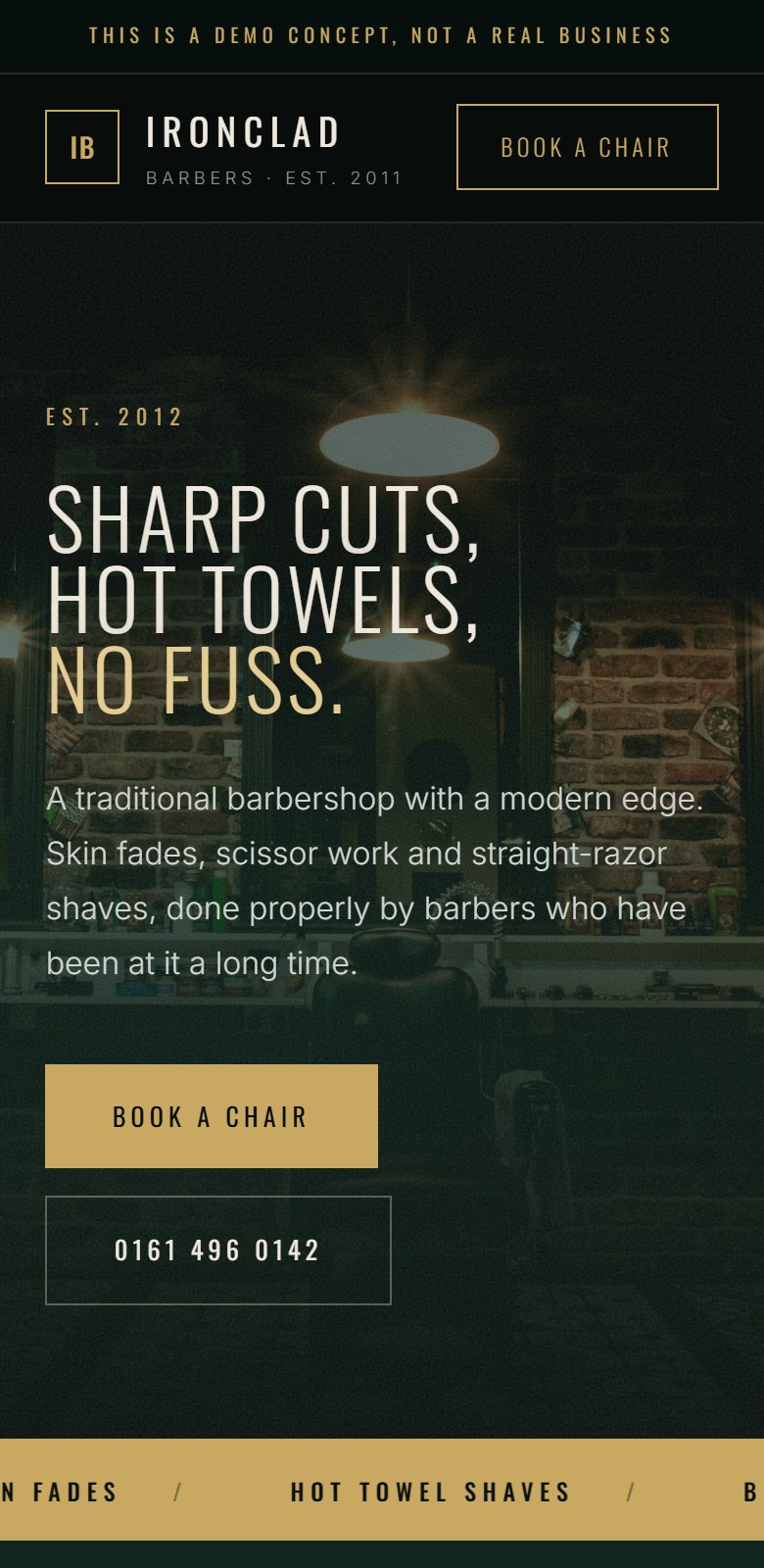 Ironclad Barbers site shown on a phone