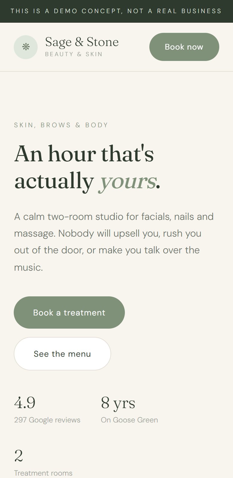 Sage & Stone beauty studio site shown on a phone