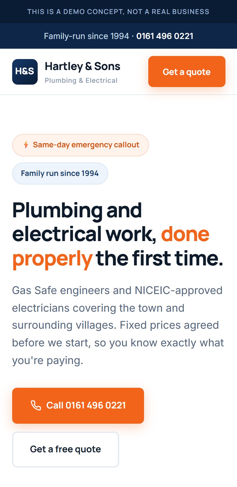 Hartley & Sons plumbing site shown on a phone